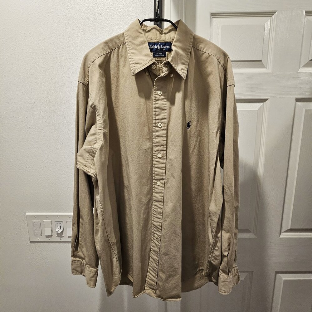 RALPH LAUREN POLO MENS SHIRT LARGE TAN BLAKE CLASSIC LONG SLEEVE BUTTON DENIM